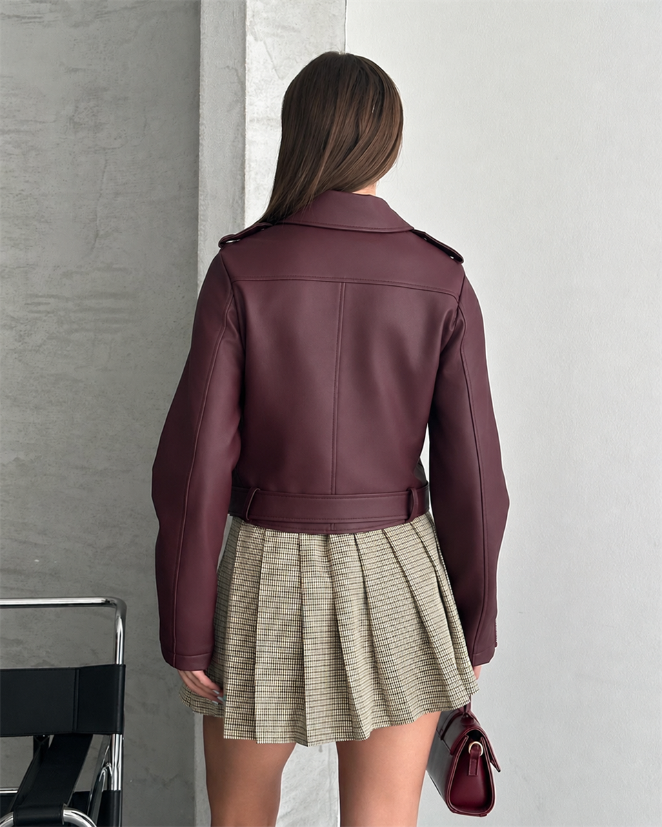 Kemerli Crop Biker Bordo Deri Ceket
