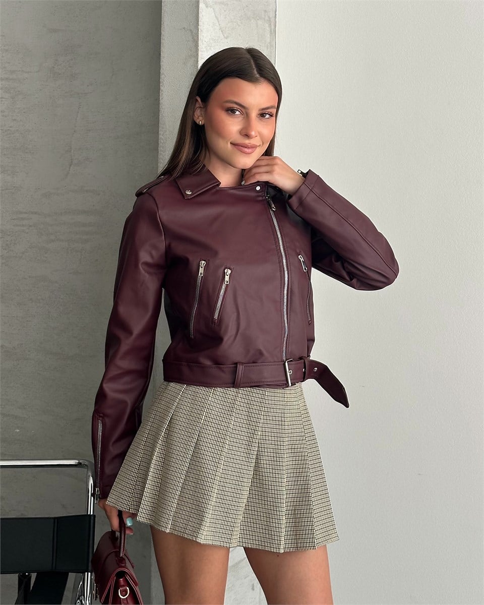 Kemerli Crop Biker Bordo Deri Ceket