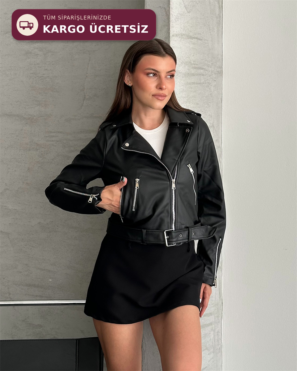 Kemerli Crop Biker Siyah Deri Ceket