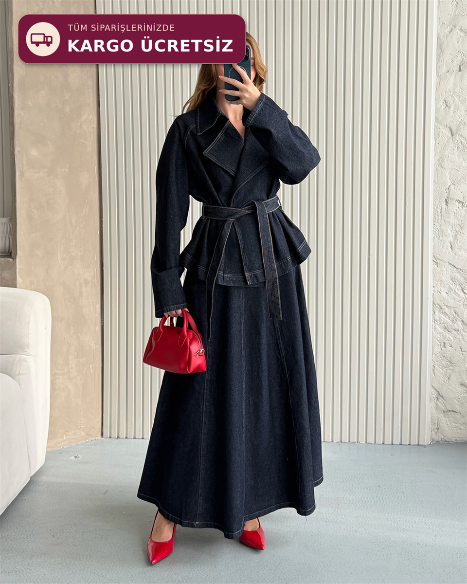 Kemerli Denim Ceket ve Uzun Etek Takımı