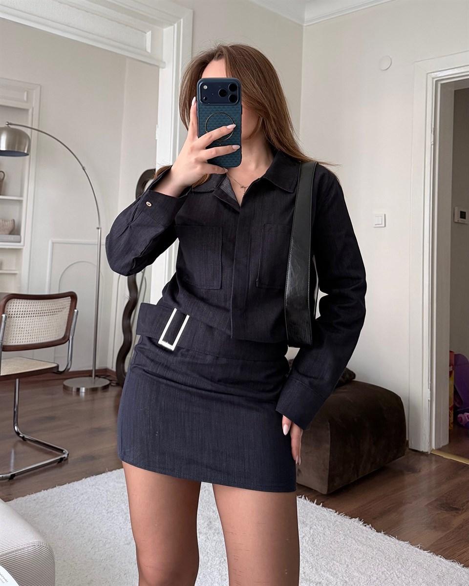 Kemerli Denim Görünümlü Lacivert Elbise