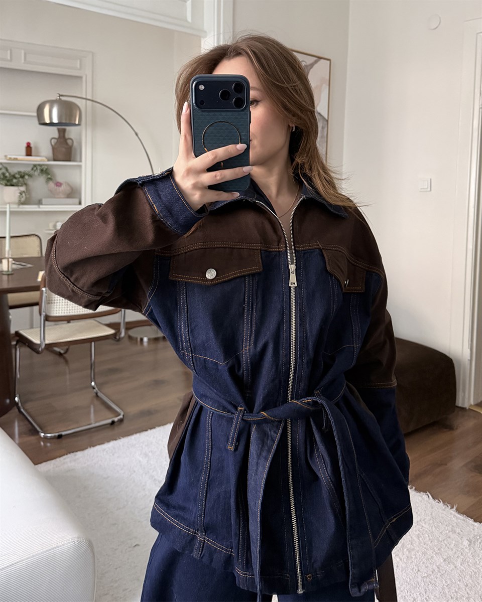 Kemerli Kahverengi Denim Ceket