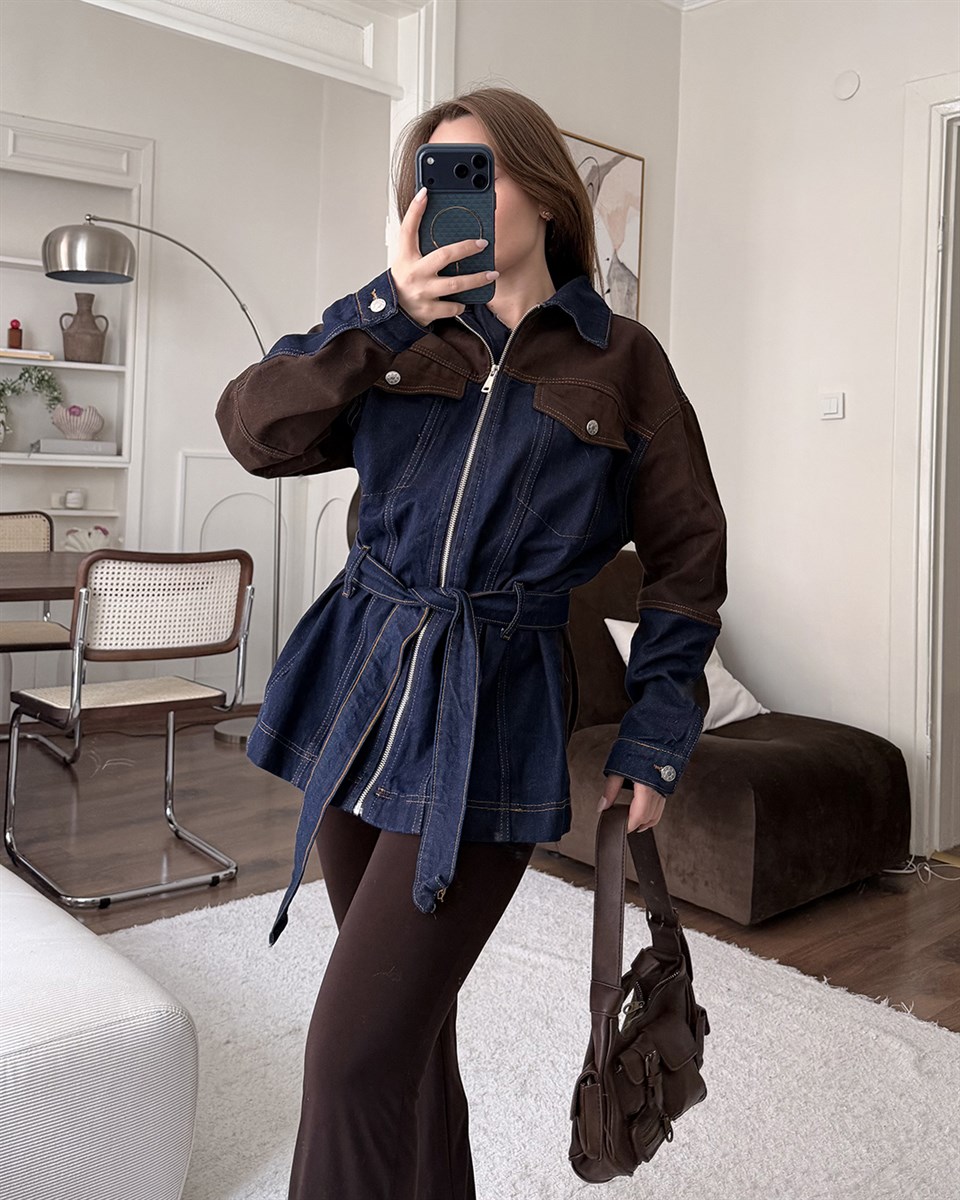 Kemerli Kahverengi Denim Ceket