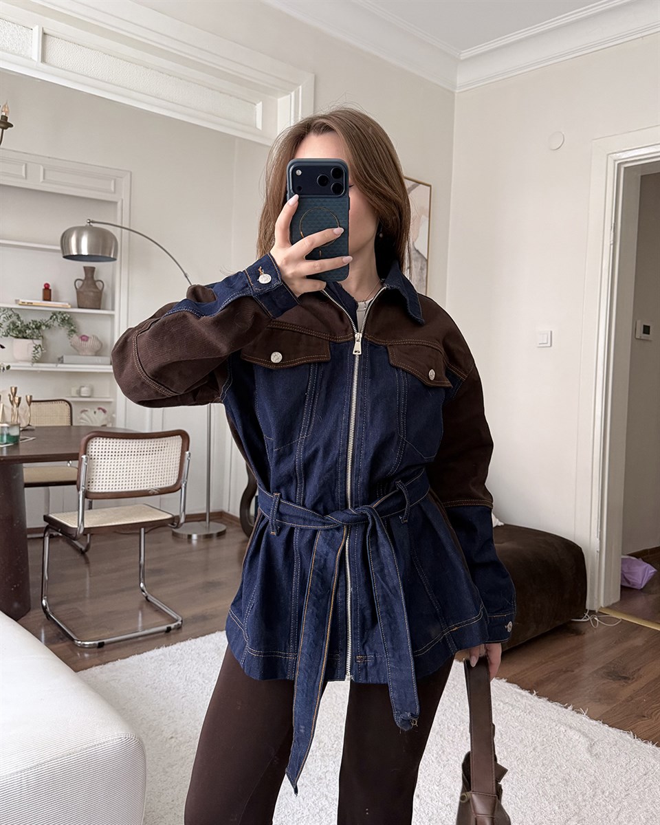 Kemerli Kahverengi Denim Ceket