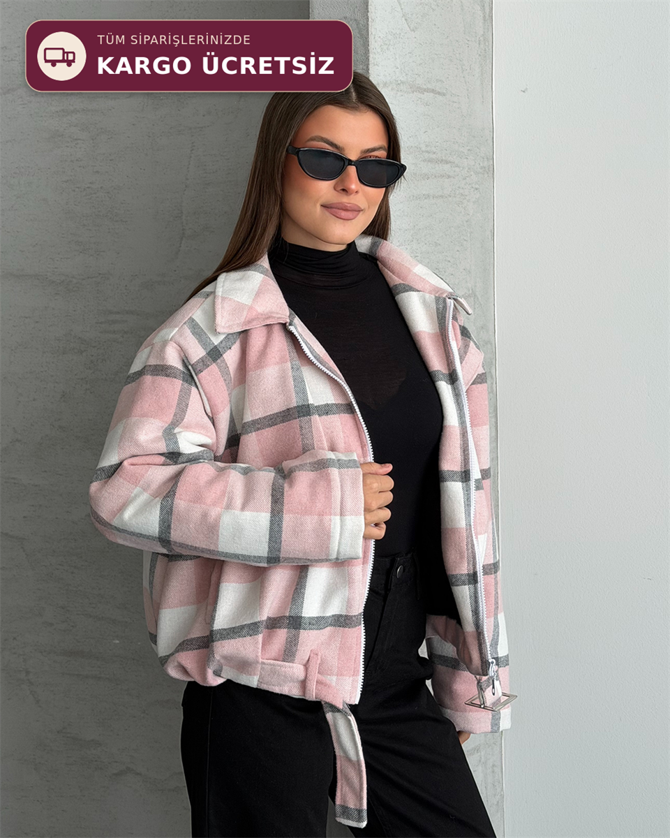 Kemerli Kare Desenli Crop Ceket