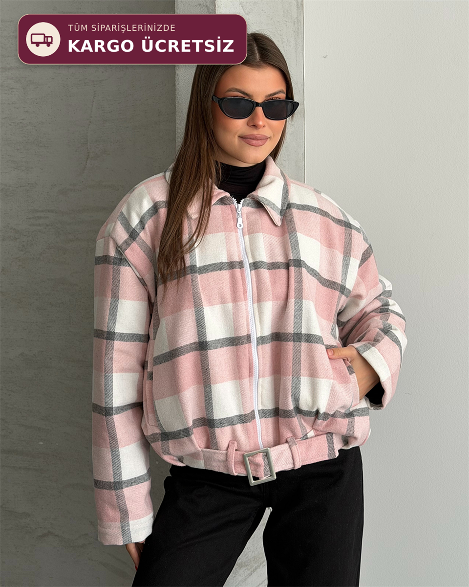 Kemerli Kare Desenli Crop Ceket