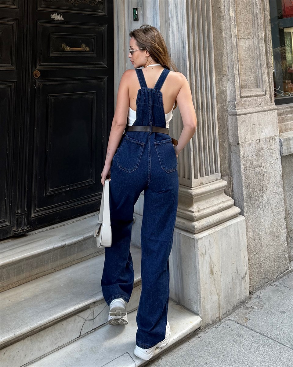 Kemerli Lacivert Denim Salopet Tulum