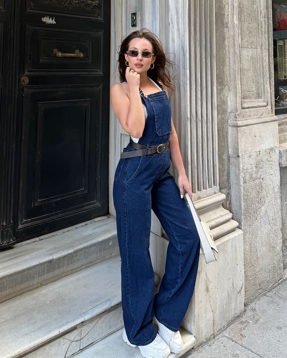 Kemerli Lacivert Denim Salopet Tulum