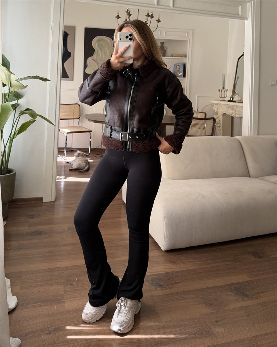 Kemerli Peluş Astarlı Crop Kahverengi Ceket