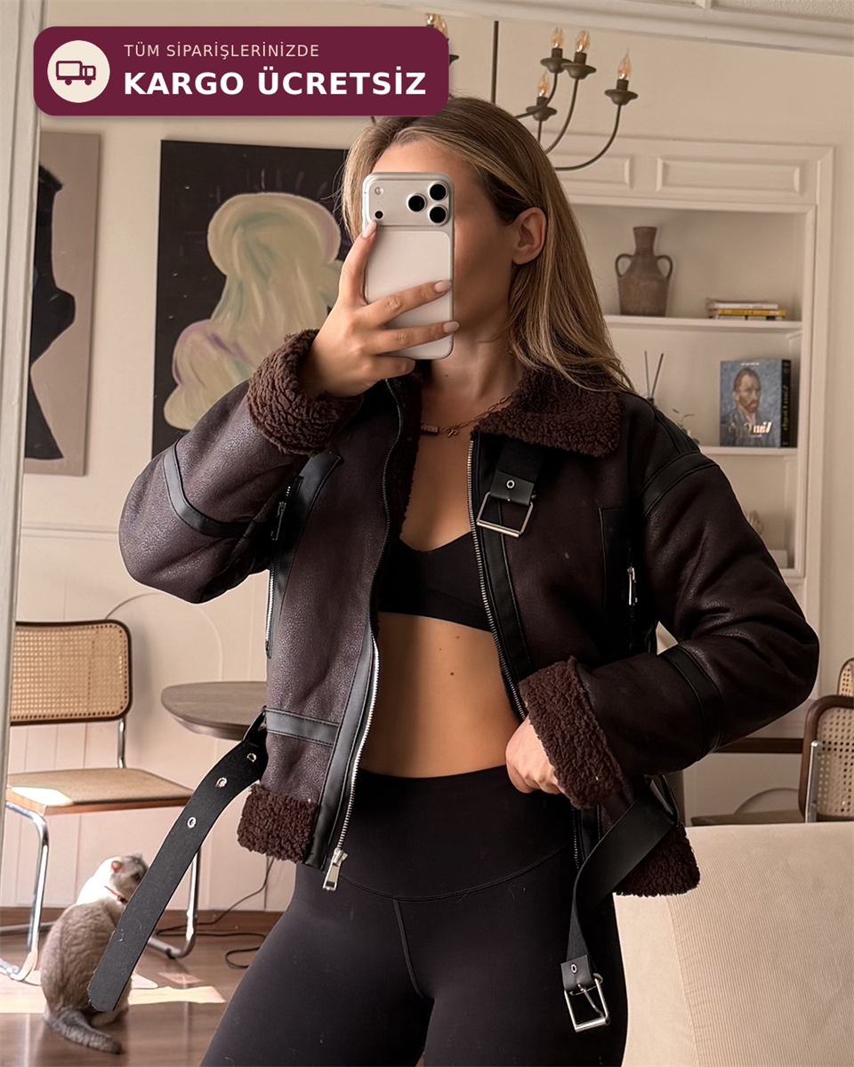 Kemerli Peluş Astarlı Crop Kahverengi Ceket