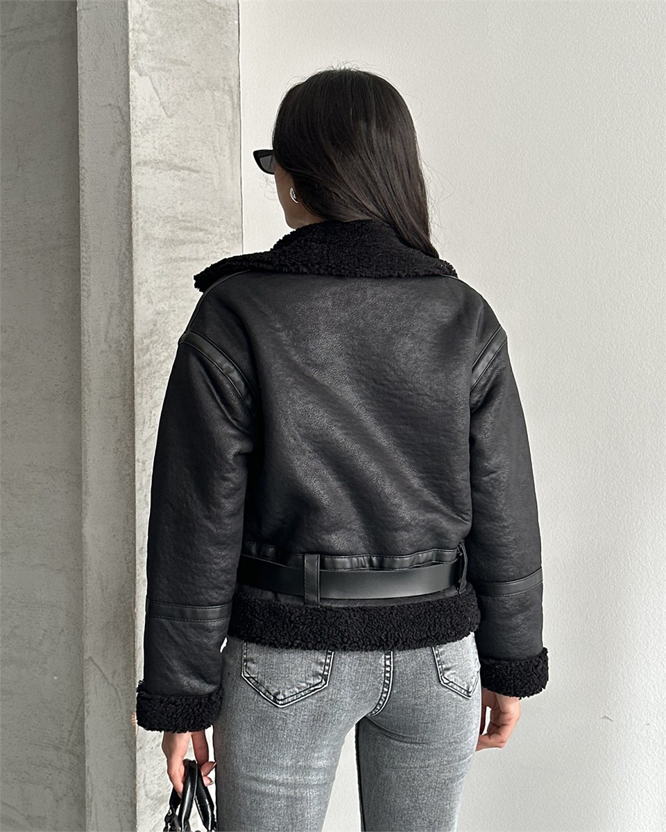Kemerli Peluş Astarlı Crop Siyah Deri Ceket