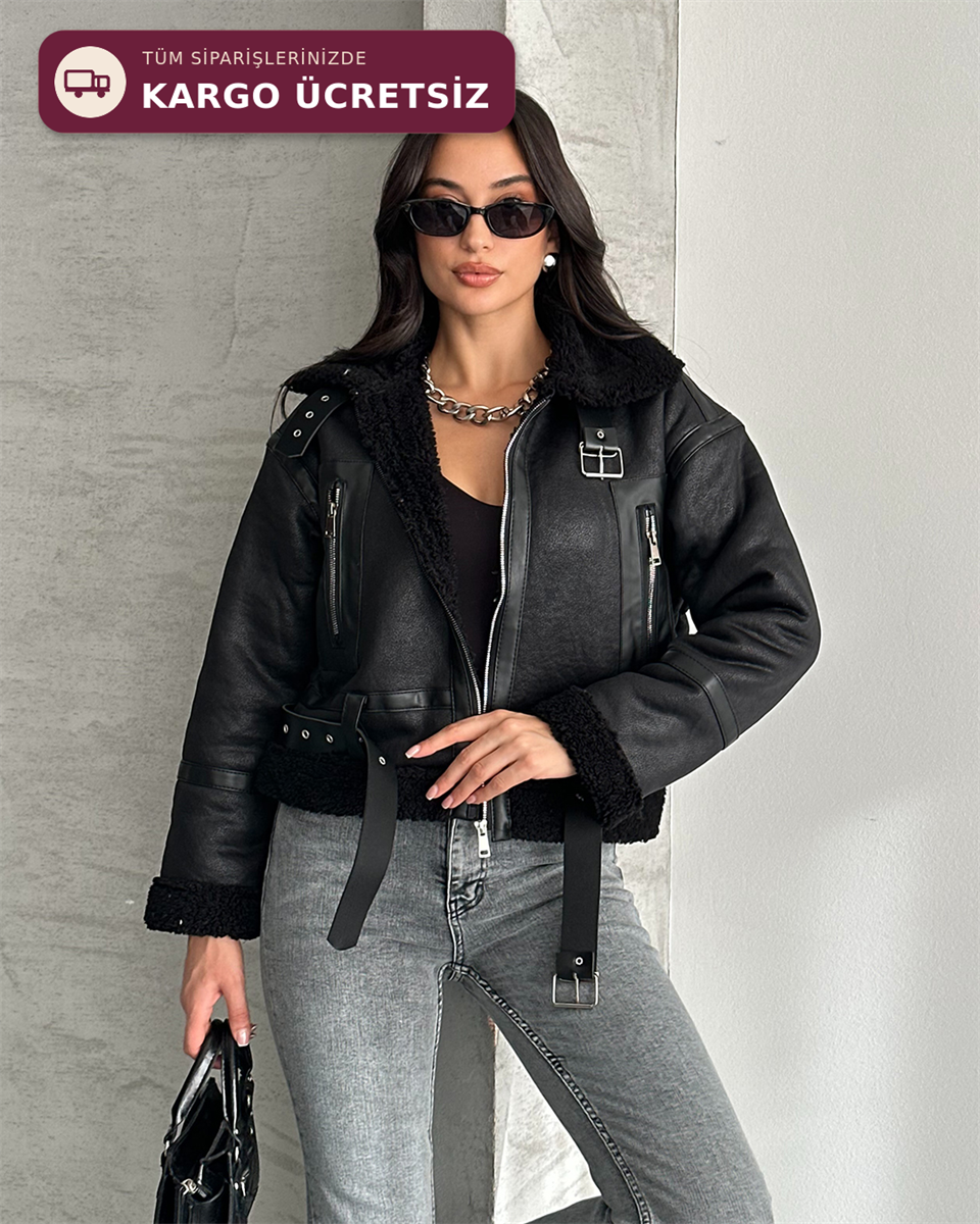 Kemerli Peluş Astarlı Crop Siyah Deri Ceket