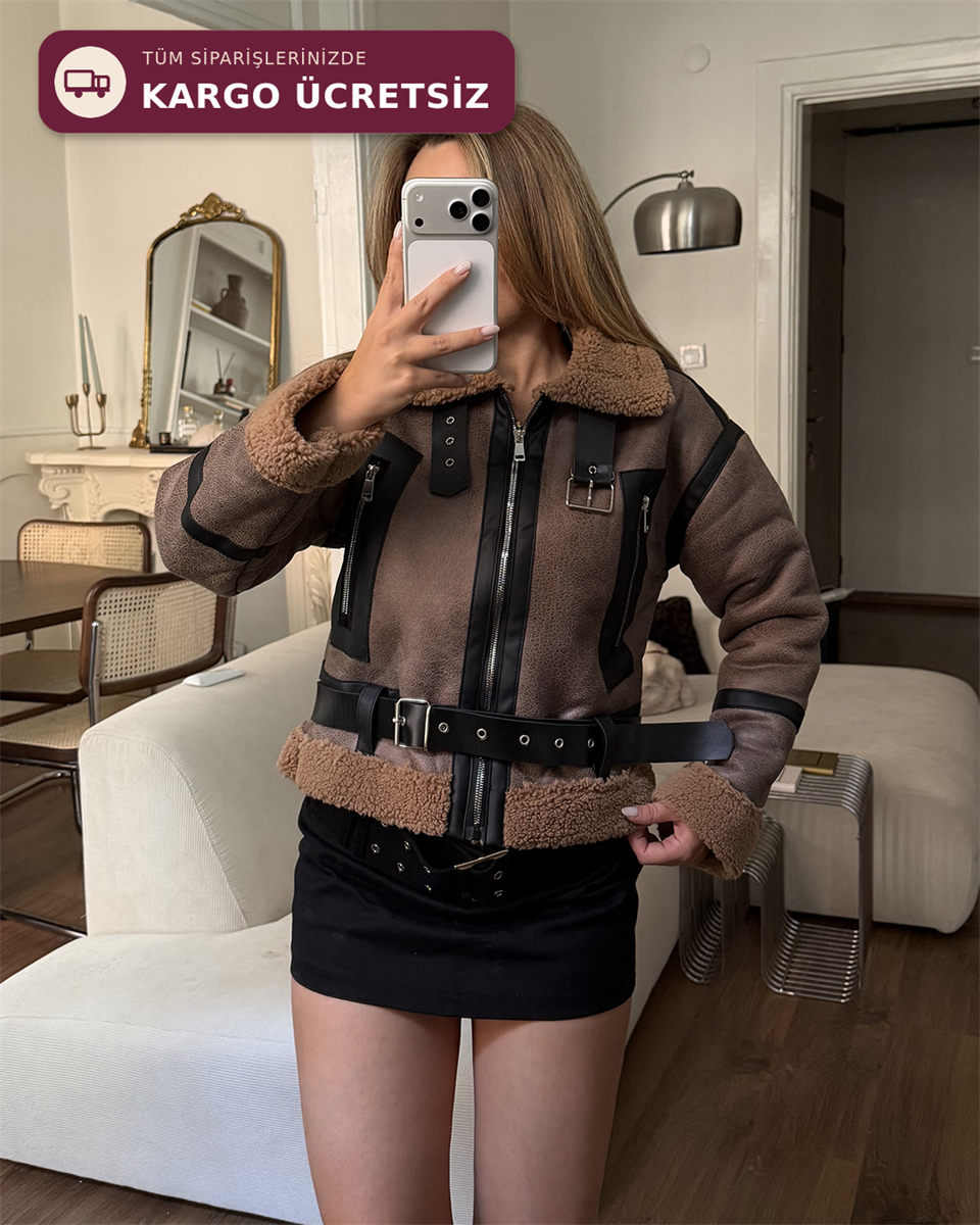Kemerli Peluş Astarlı Crop Taba Ceket