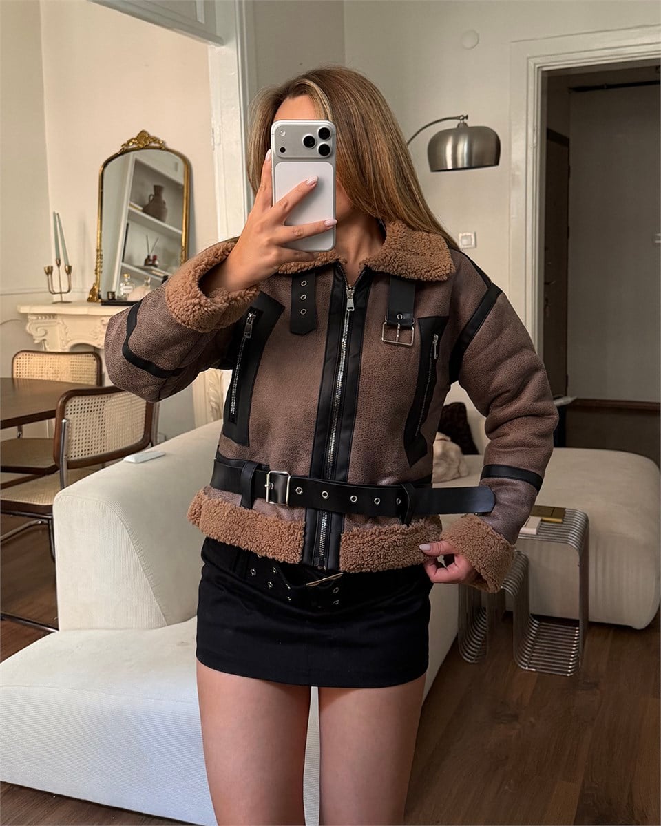Kemerli Peluş Astarlı Crop Taba Ceket