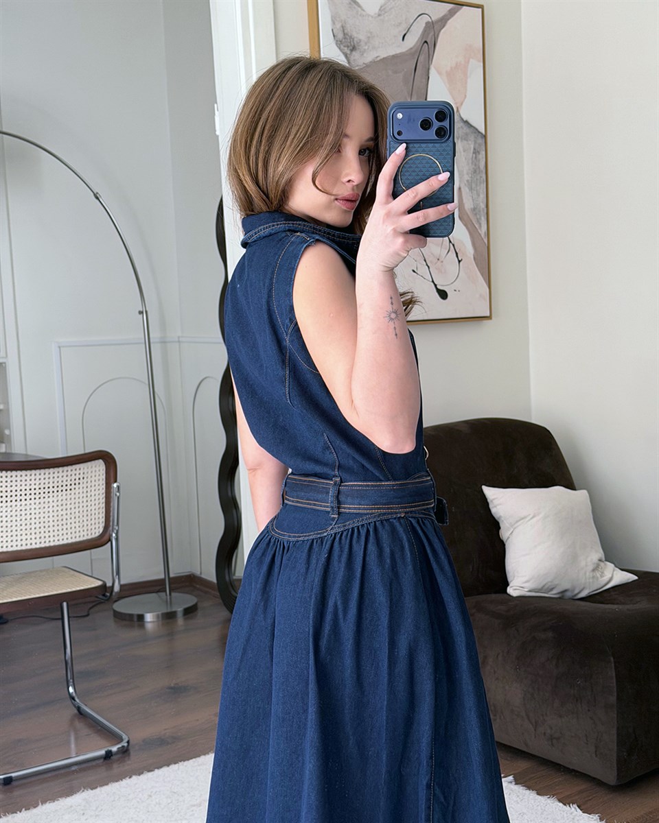 Kemerli Uzun Denim Elbise