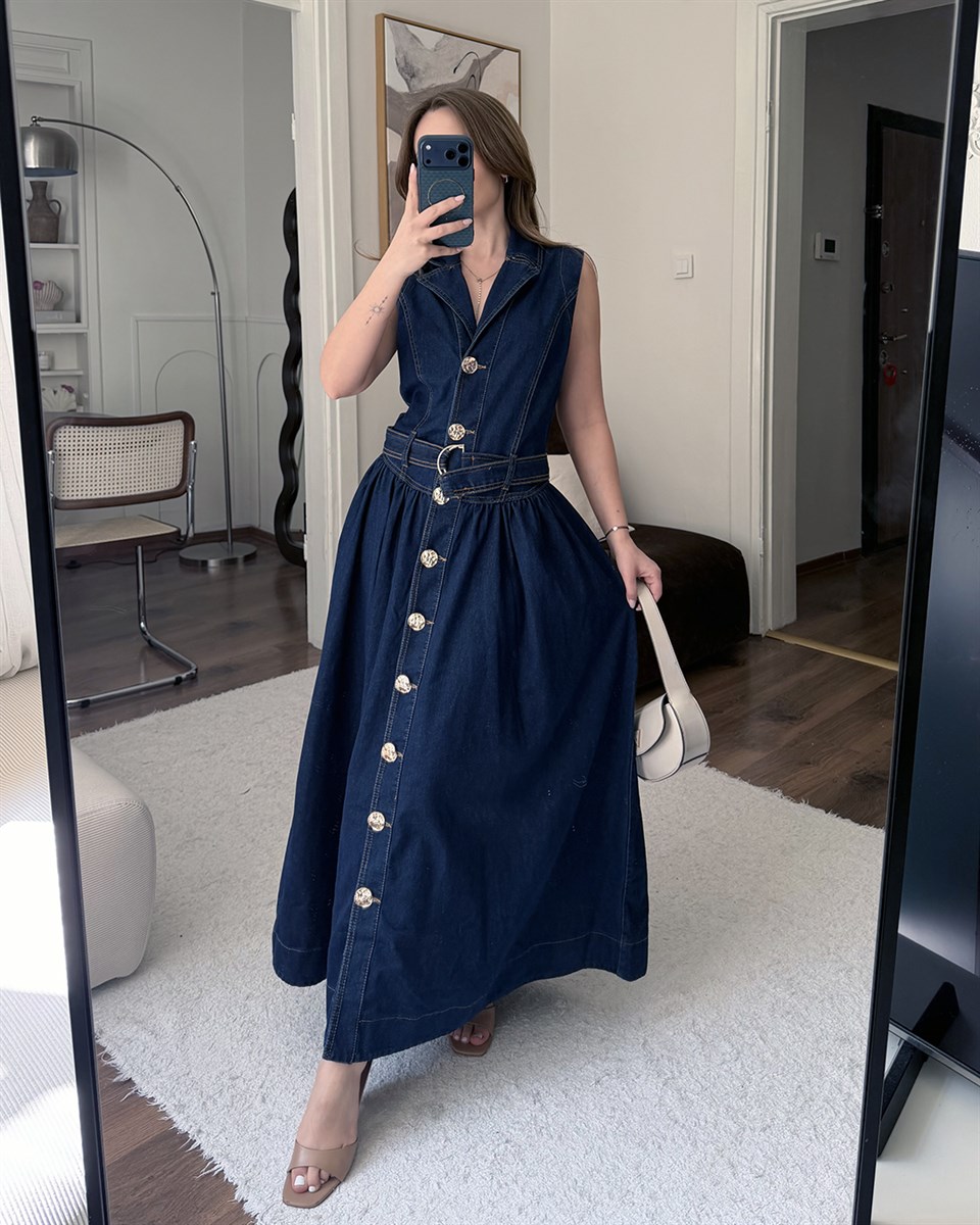 Kemerli Uzun Denim Elbise