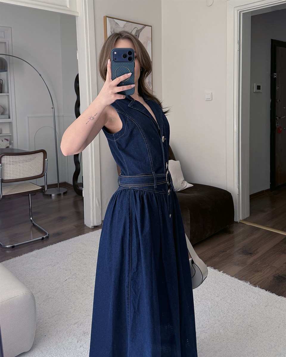 Kemerli Uzun Denim Elbise