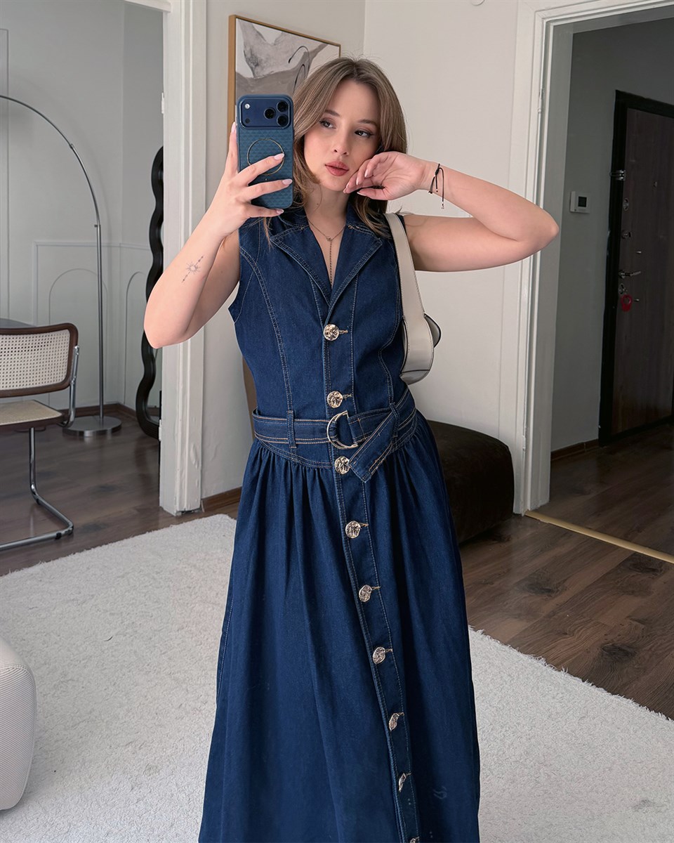 Kemerli Uzun Denim Elbise