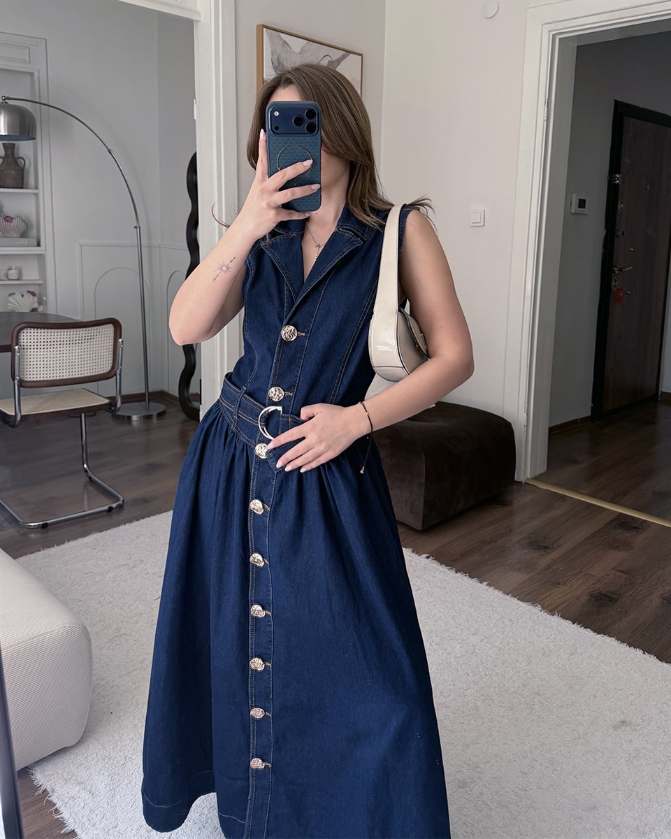 Kemerli Uzun Denim Elbise