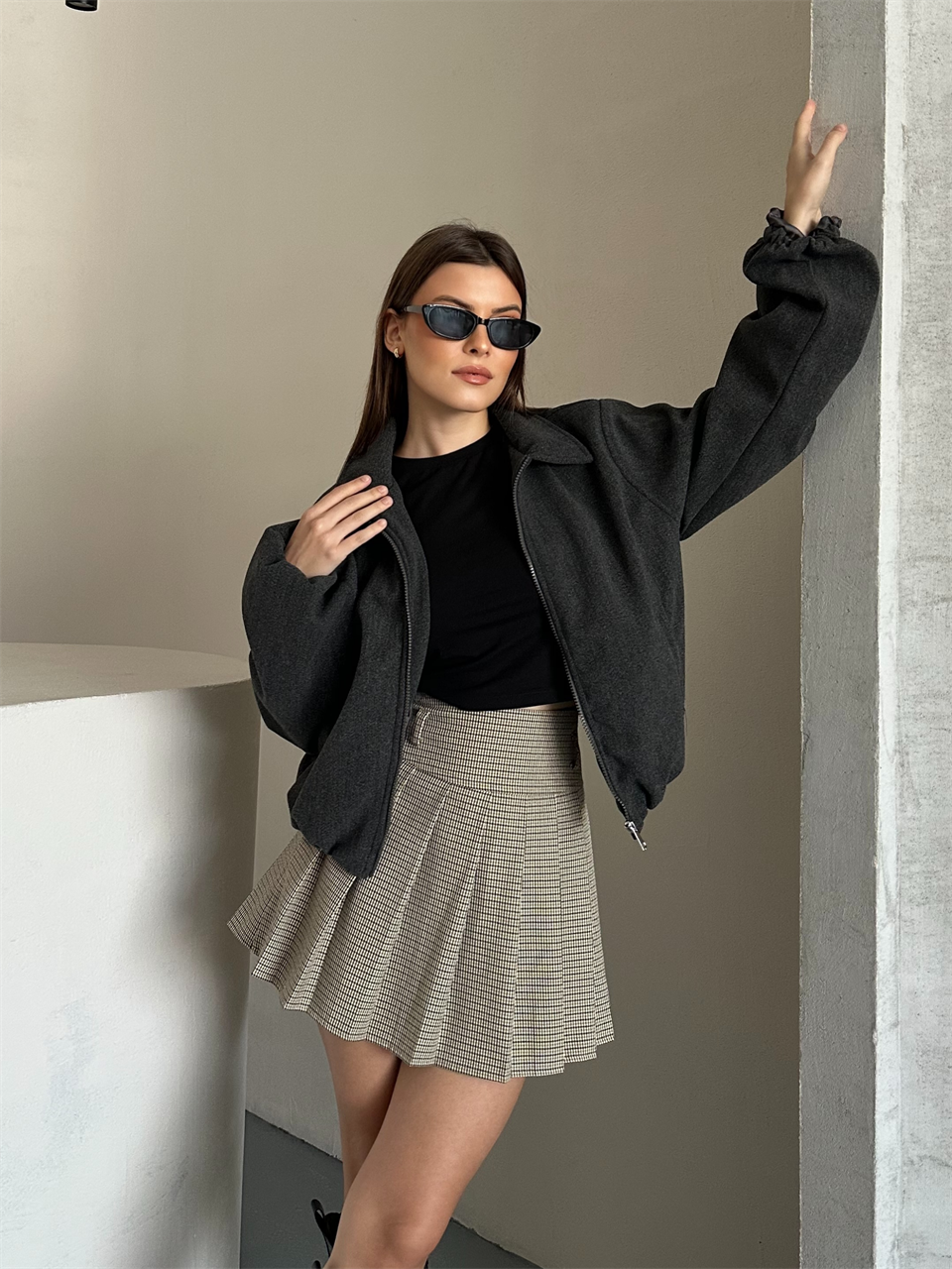 Kısa Oversize Antrasit Kaşe Ceket