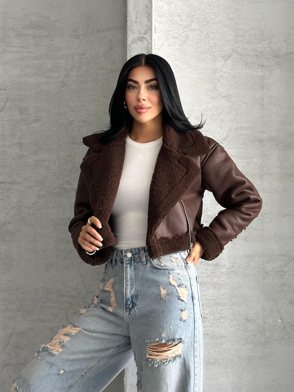 Kıvırcık Kürklü Crop Kahverengi Deri Ceket