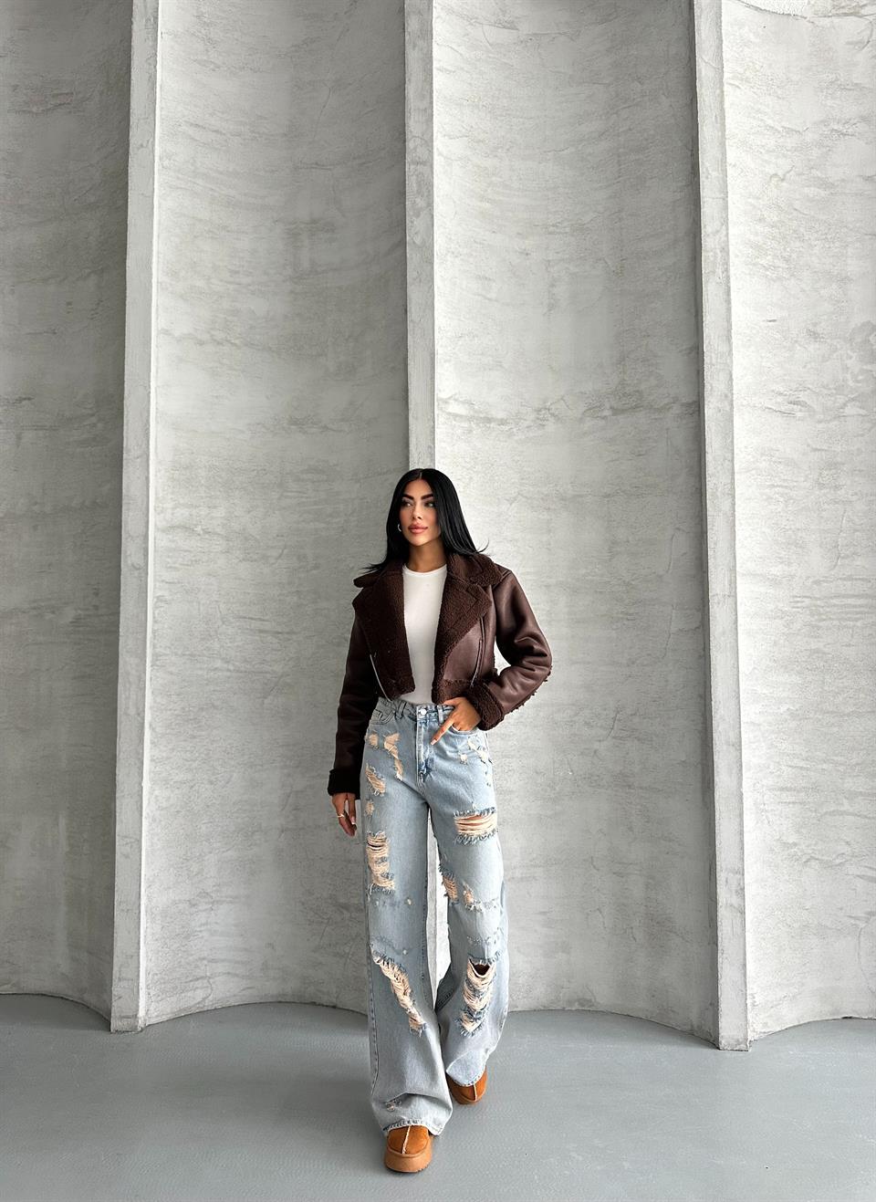 Kıvırcık Kürklü Crop Kahverengi Deri Ceket