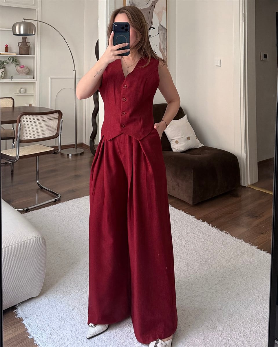 Klasik Bordo Yelek Pantolon Takım