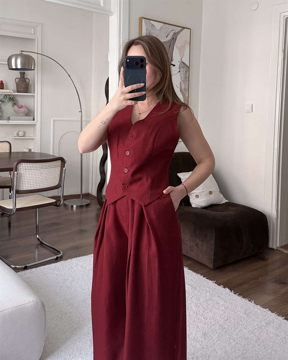 Klasik Bordo Yelek Pantolon Takım