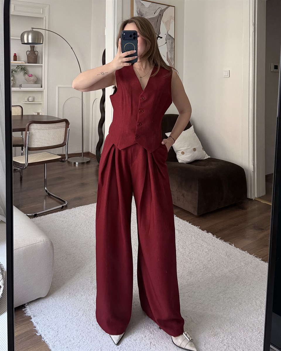 Klasik Bordo Yelek Pantolon Takım