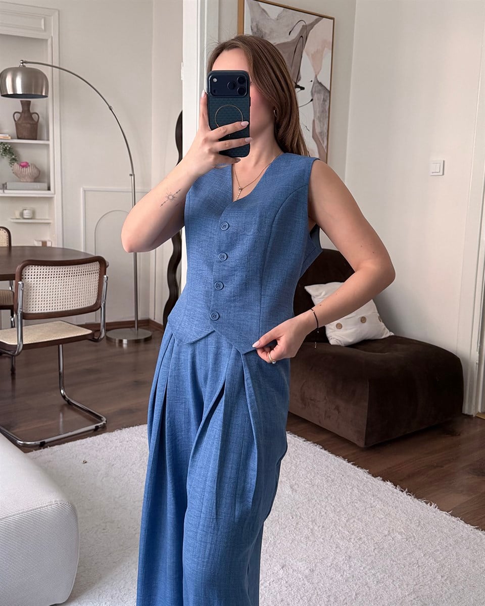 Klasik İndigo Yelek Pantolon Takım