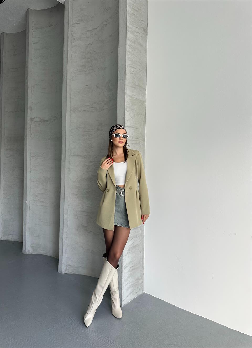 Klasik Uzun Haki Blazer Ceket