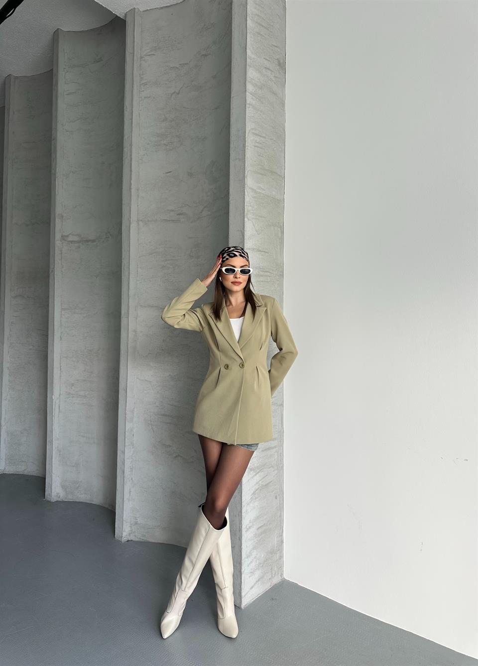 Klasik Uzun Haki Blazer Ceket