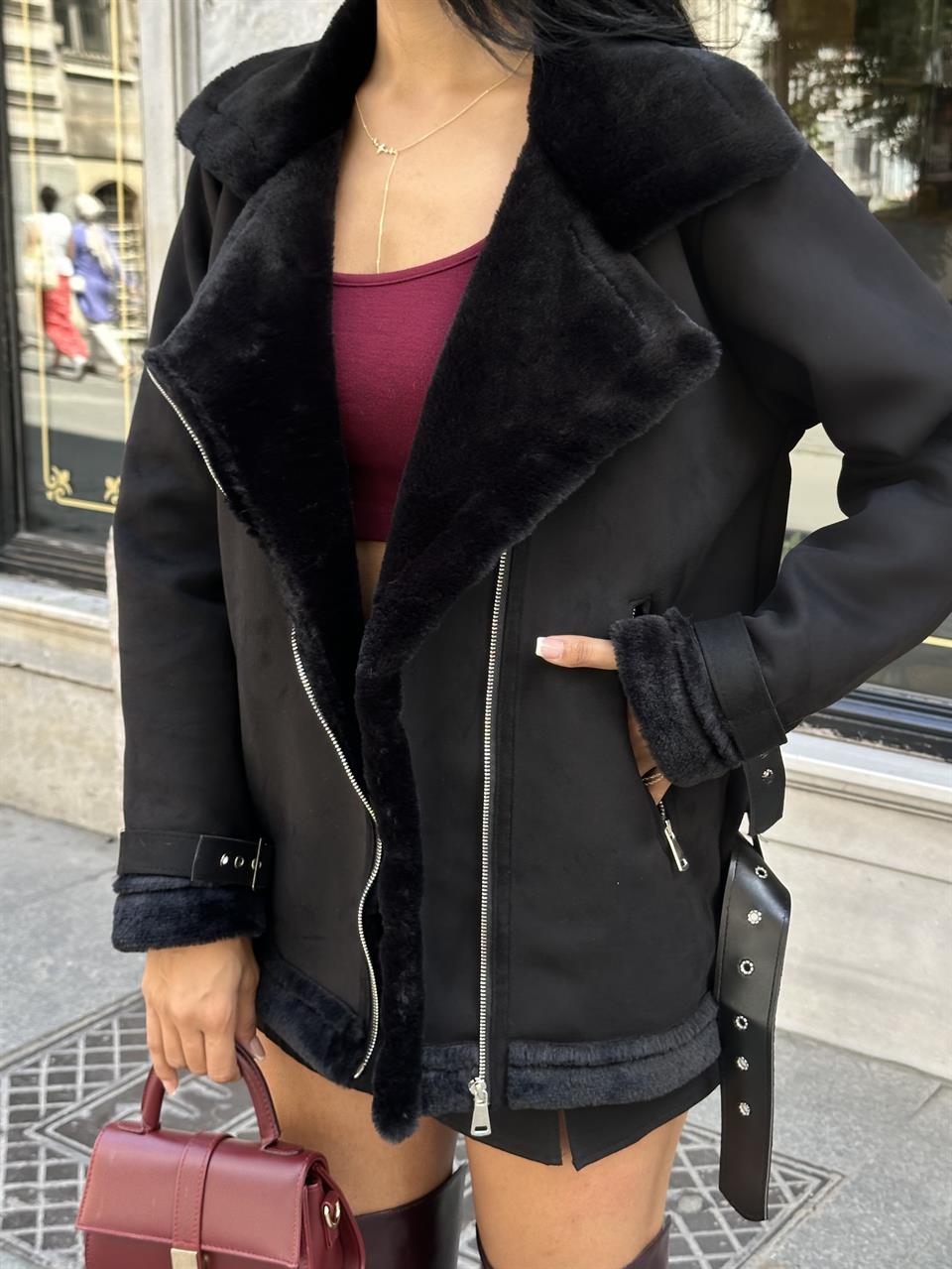 Klasik Uzun Siyah Süet Ceket