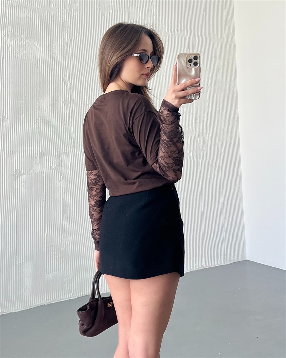 Kolu Dantelli Kahverengi Tişört