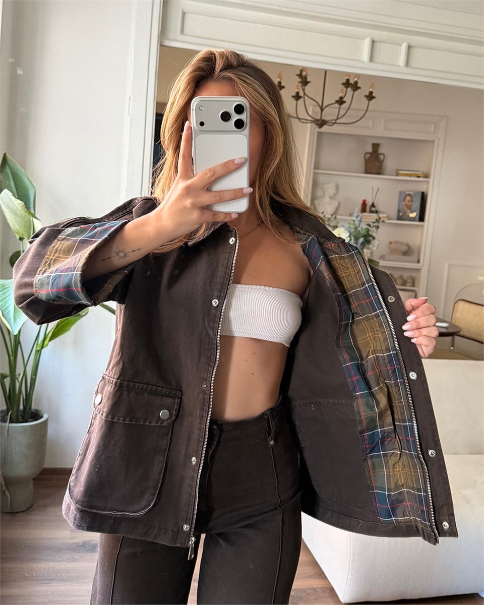 Kontrast Detaylı Ekose Oversize Ceket