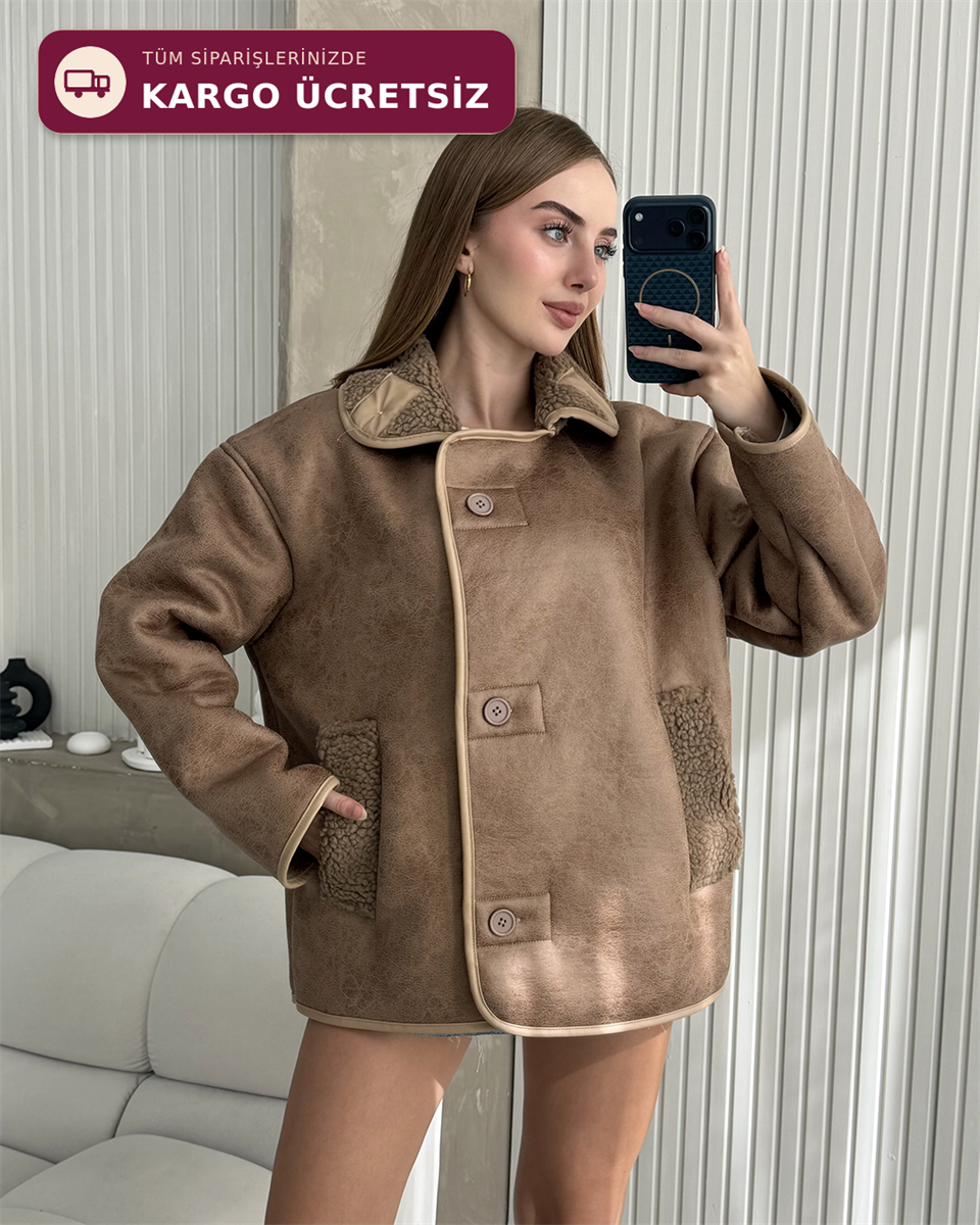 Kora Peluş Detaylı Taba Ceket