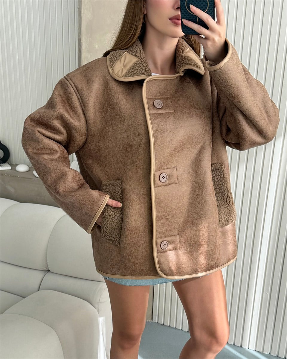 Kora Peluş Detaylı Taba Ceket