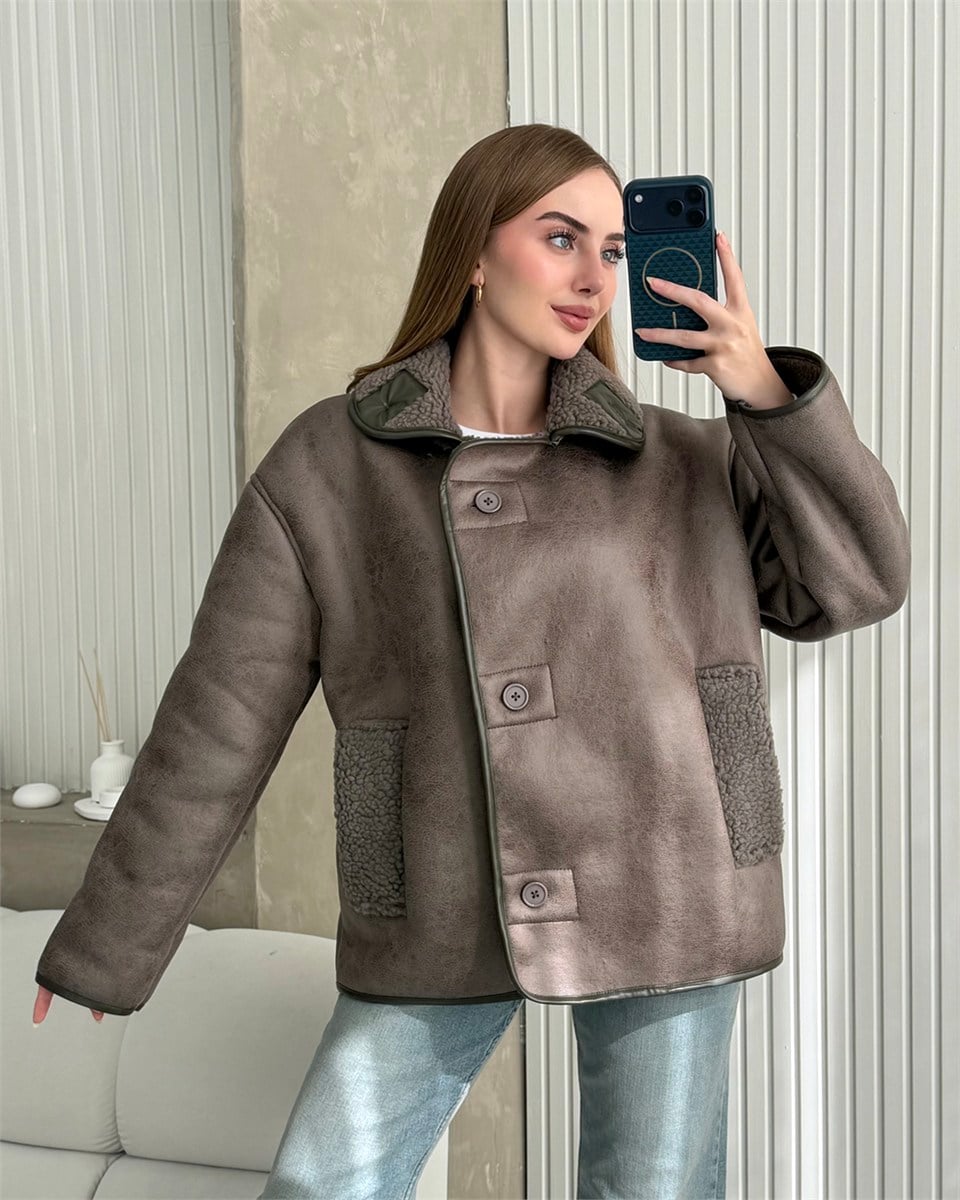 Kora Peluş Detaylı Vizon Ceket