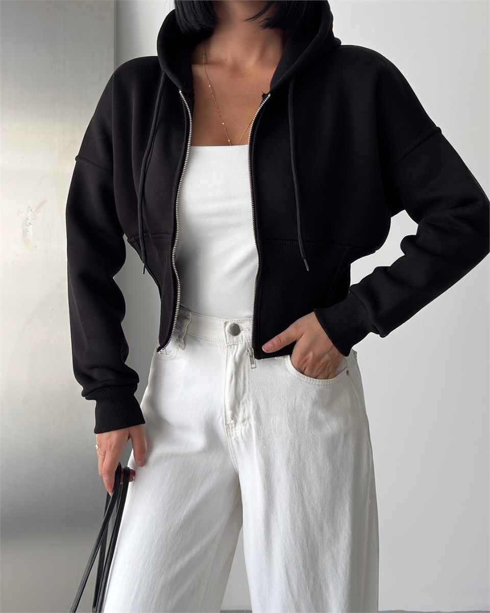 Korse Bel Detaylı Fermuarlı Crop Kapüşonlu Siyah Sweatshirt