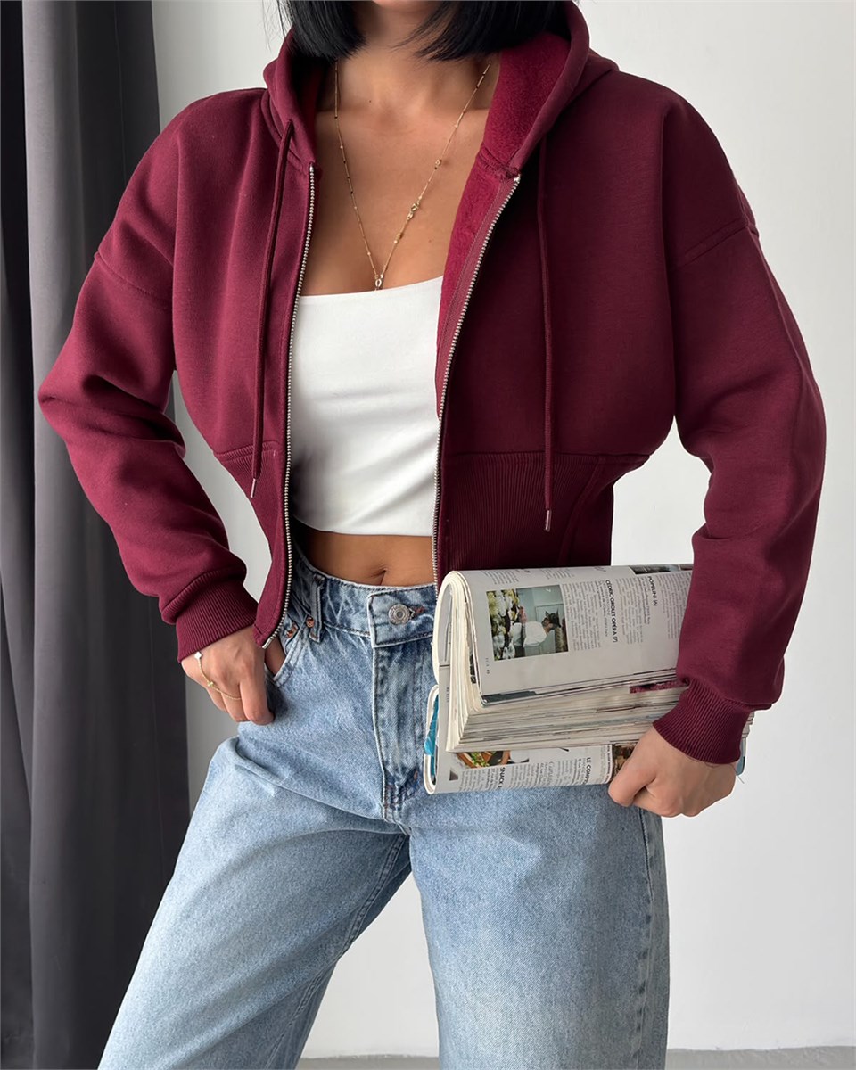 Korse Bel Detaylı Fermuarlı Crop Kapüşonlu Bordo Sweatshirt