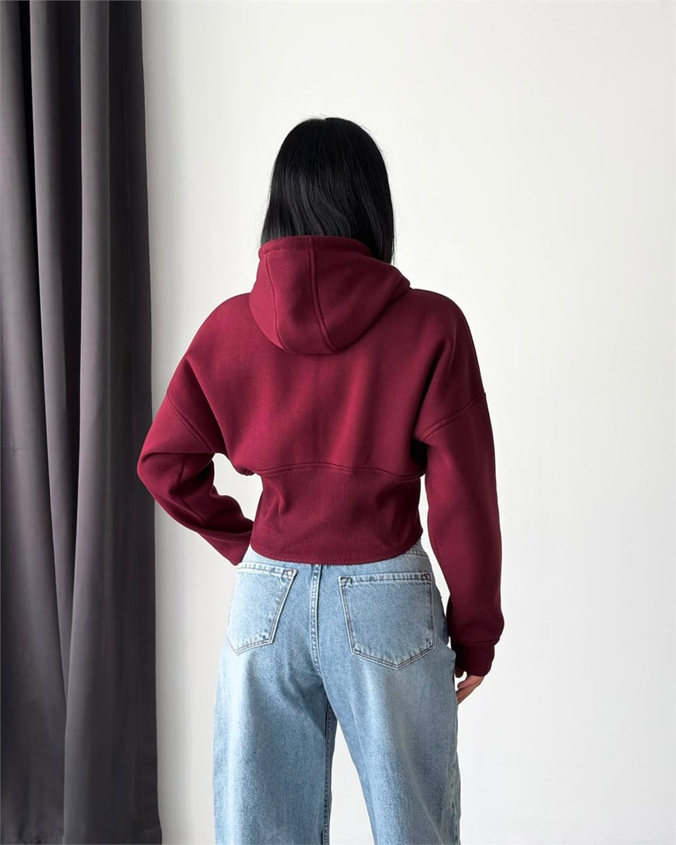 Korse Bel Detaylı Fermuarlı Crop Kapüşonlu Bordo Sweatshirt