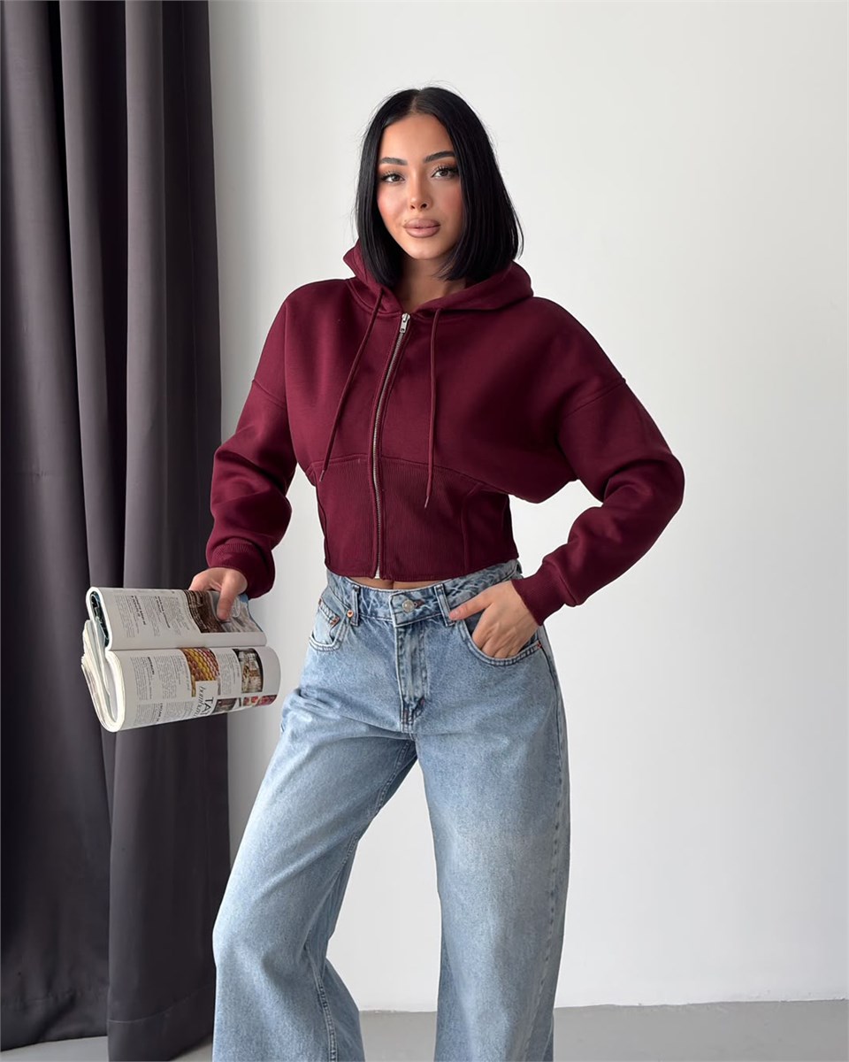 Korse Bel Detaylı Fermuarlı Crop Kapüşonlu Bordo Sweatshirt