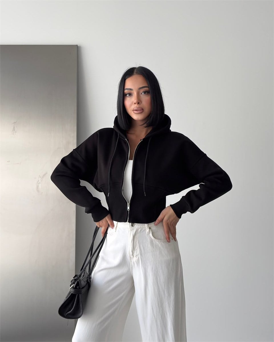 Korse Bel Detaylı Fermuarlı Crop Kapüşonlu Siyah Sweatshirt