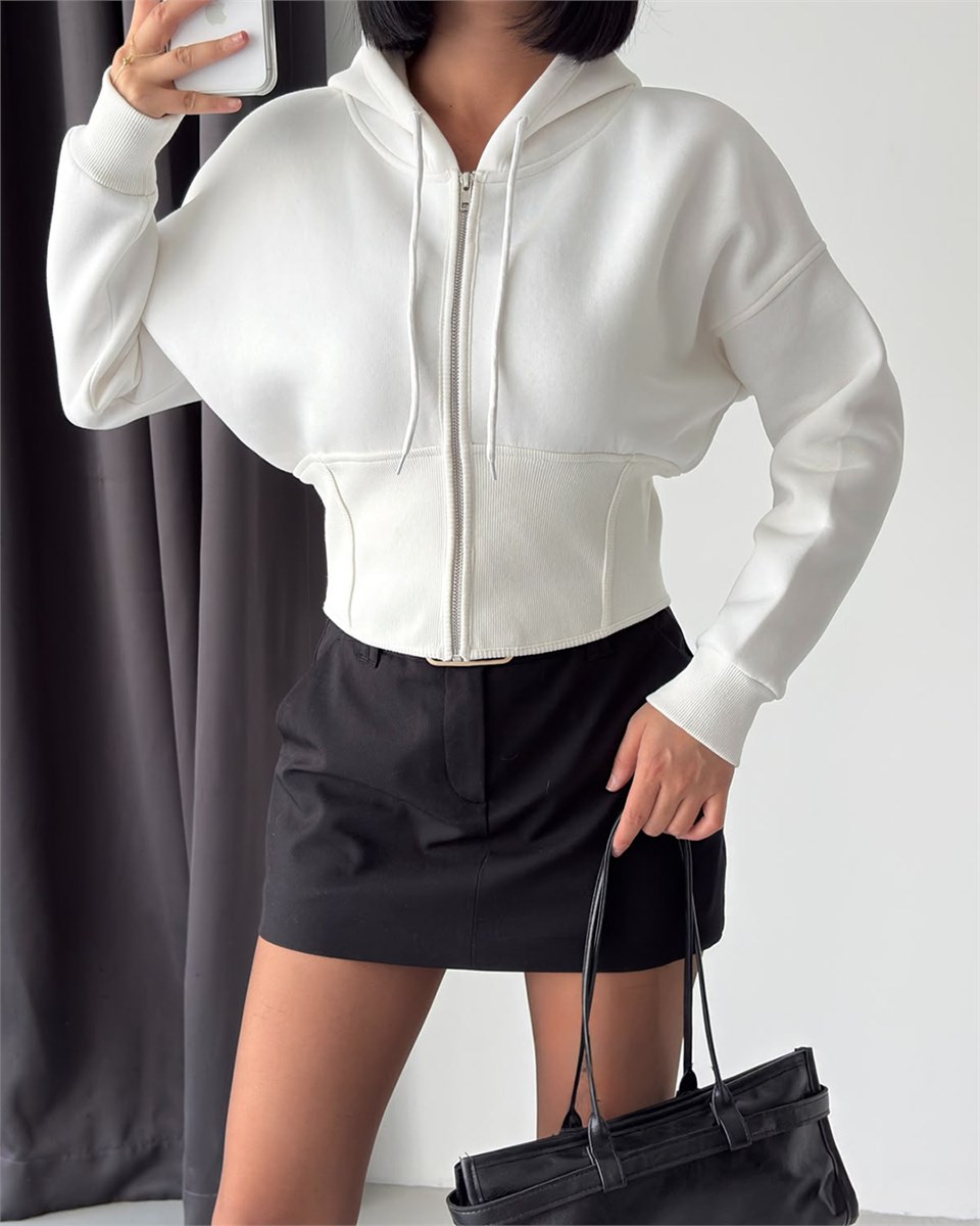 Korse Bel Detaylı Fermuarlı Crop Kapüşonlu Beyaz Sweatshirt