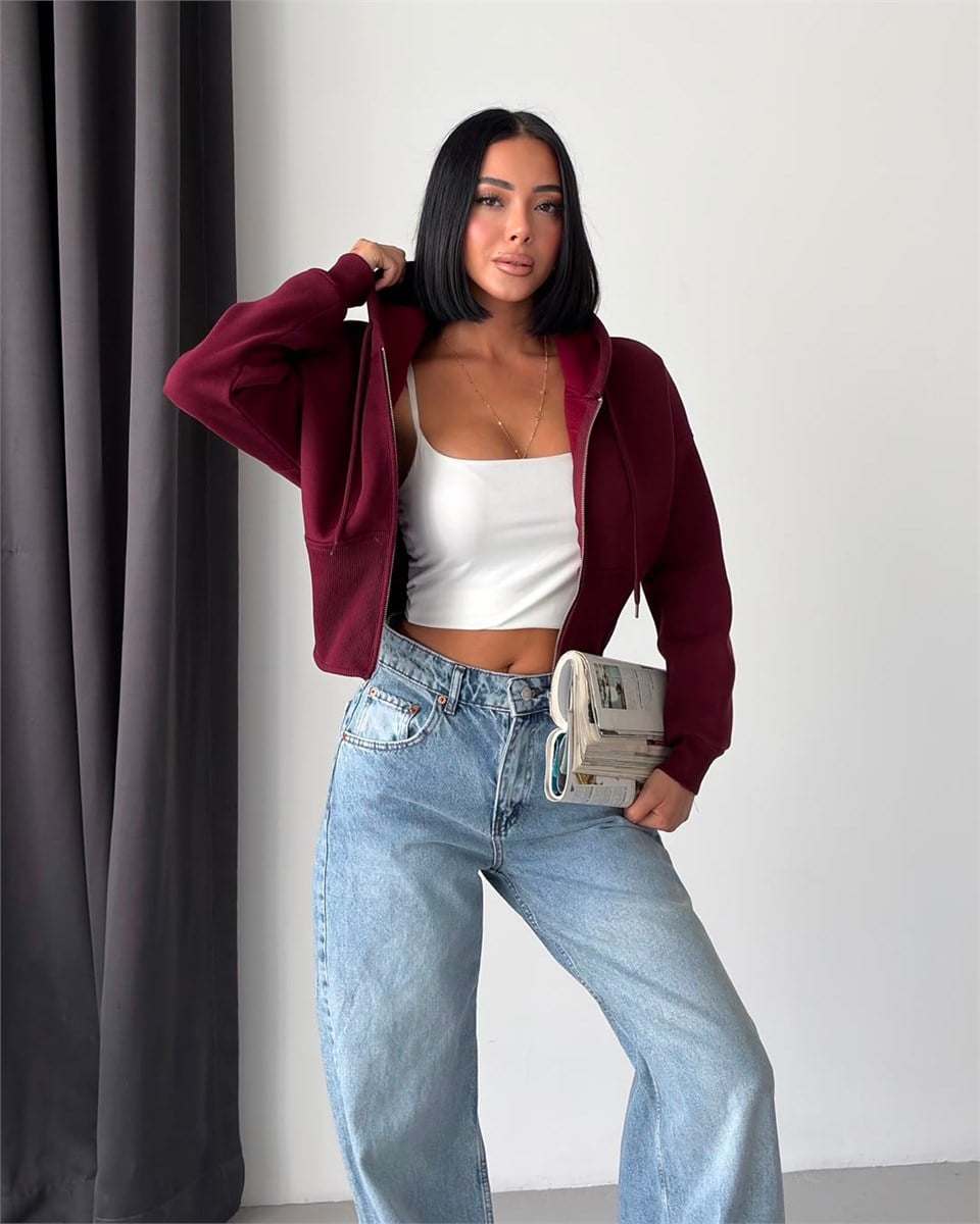 Korse Bel Detaylı Fermuarlı Crop Kapüşonlu Bordo Sweatshirt