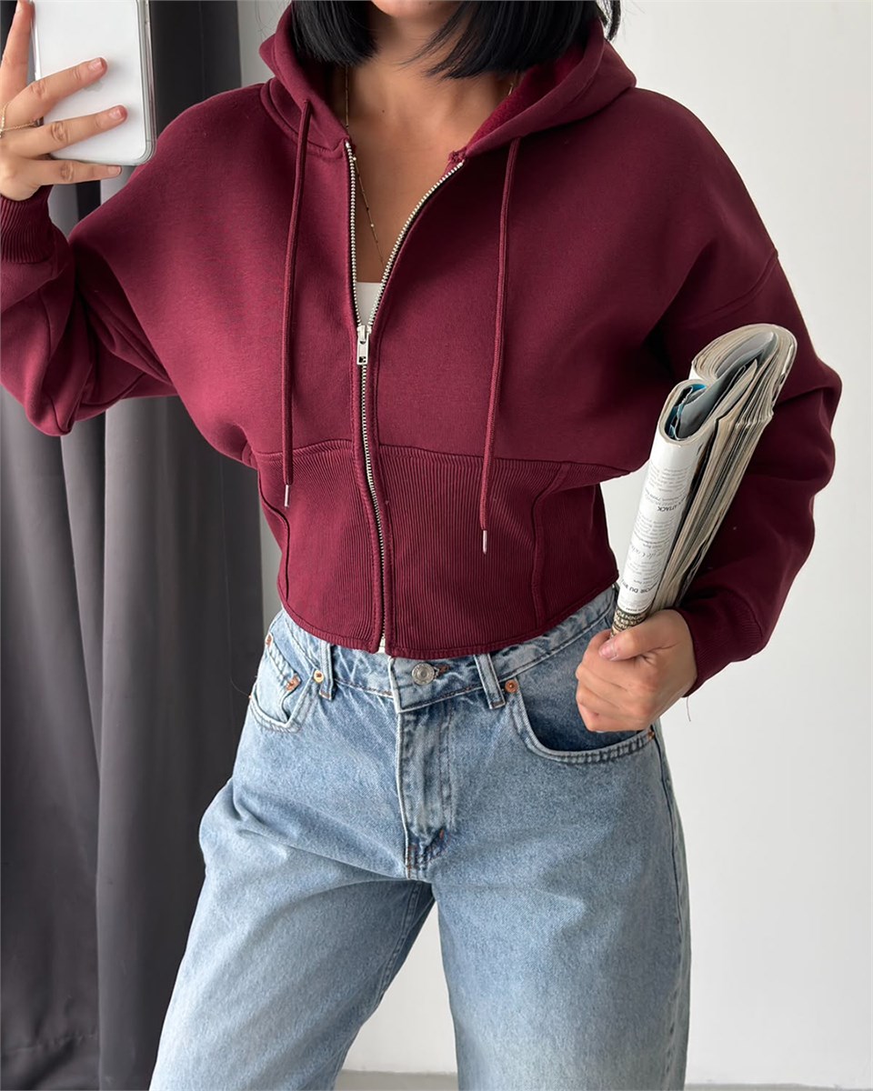 Korse Bel Detaylı Fermuarlı Crop Kapüşonlu Bordo Sweatshirt