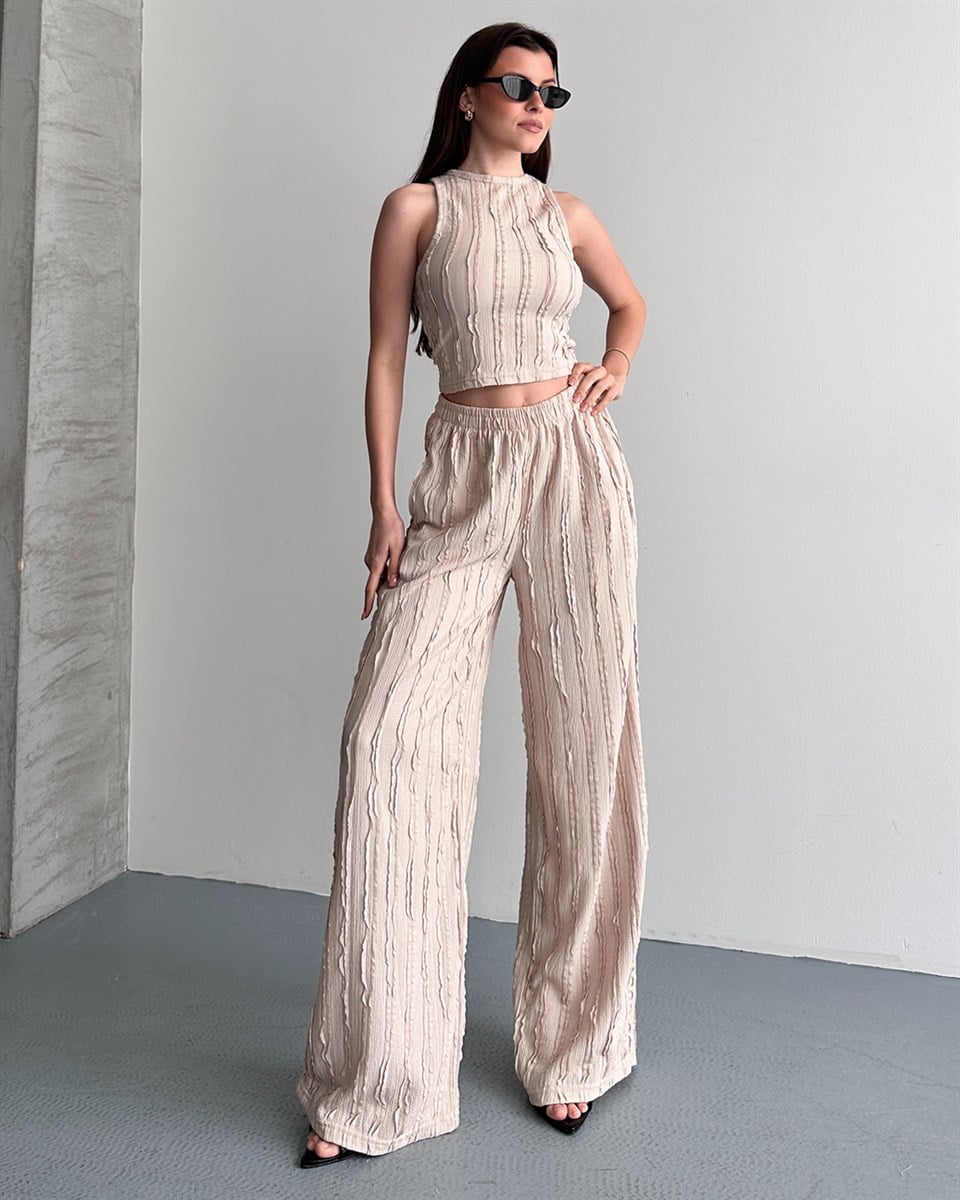 Krem Fitilli Crop Bluz Palazzo Pantolon Takım
