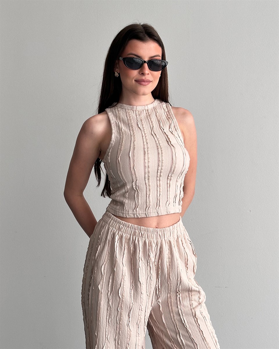 Krem Fitilli Crop Bluz Palazzo Pantolon Takım