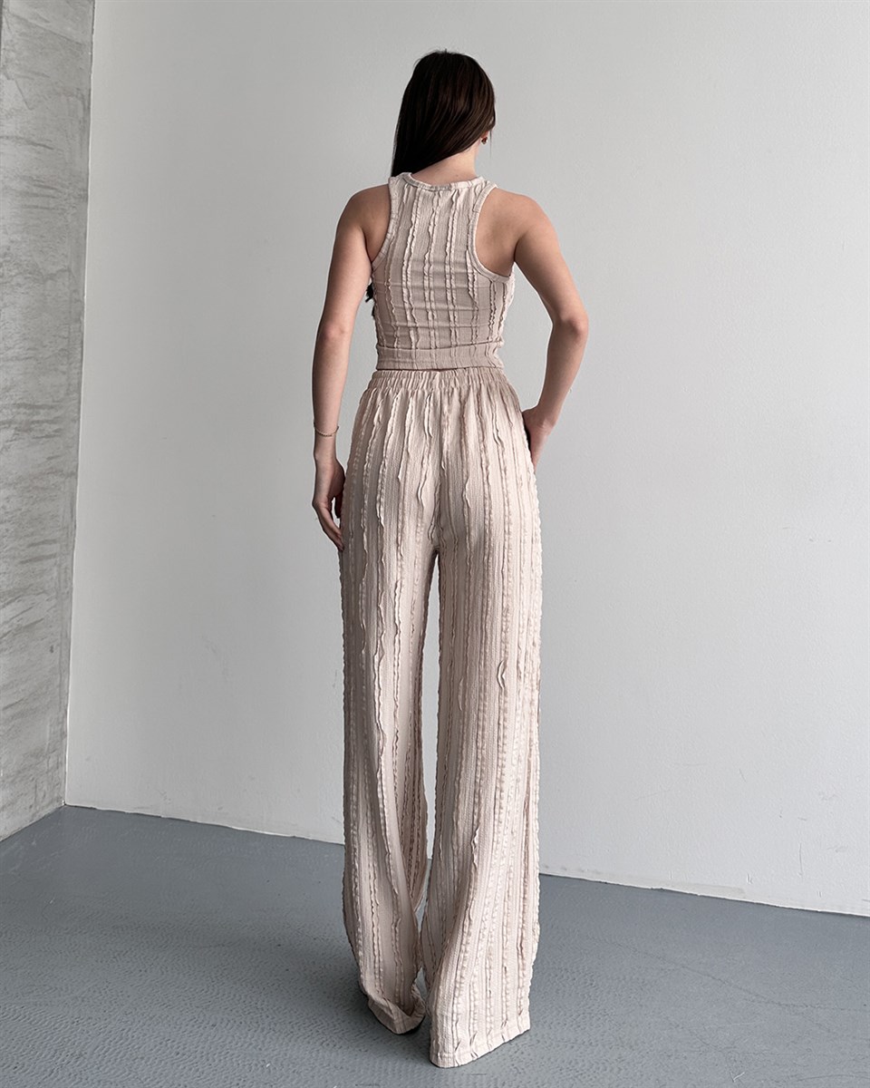 Krem Fitilli Crop Bluz Palazzo Pantolon Takım