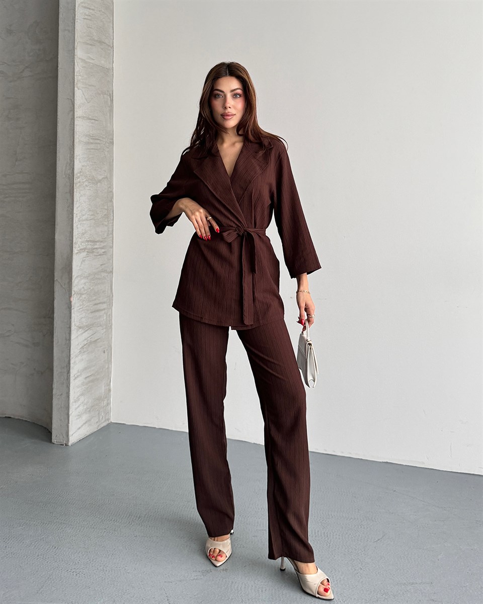 Krinkıl Kahverengi Kimono Takım